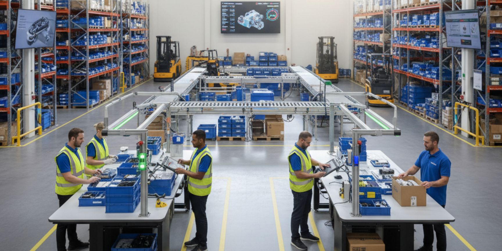 Mehrere Lagerarbeiter in Sicherheitswesten bei der Kit-Bildung an ergonomischen Arbeitstischen in einem modernen Logistikzentrum, umgeben von Hochregallagern und einem Förderbandsystem. Auf Bildschirmen im Hintergrund sind digitale Lagerübersichten und Prozessdaten zu sehen.